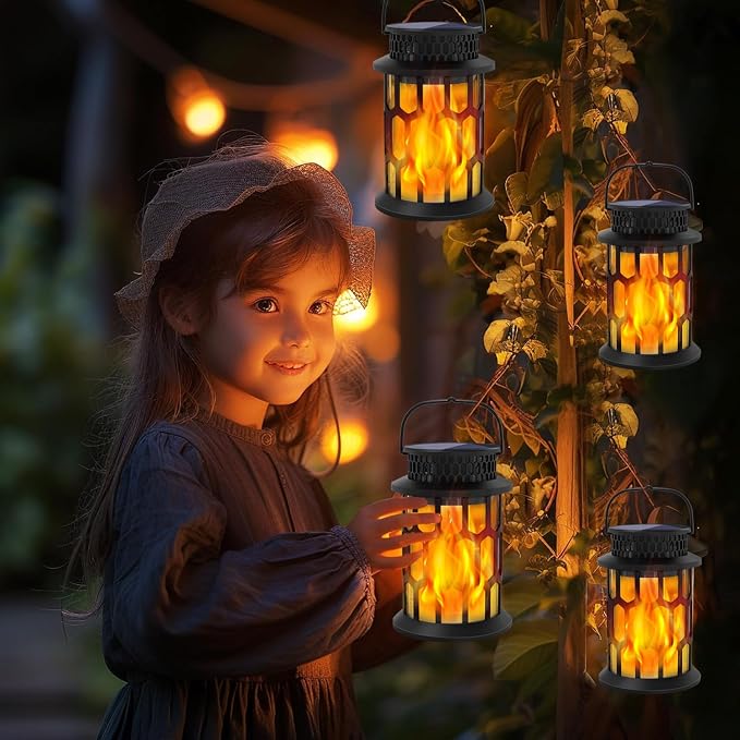Solar Lights Outdoor Flickering Flame Lanterns, 2-Pack | IP65 waterproof ABS. Auto on/off, 8-12h runtime. Warm light for patio, garden, yard, deck.