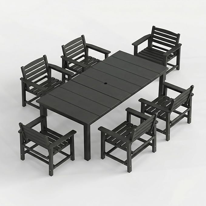 7-Piece Outdoor Dining Set for 6, 75.2" HDPE Patio Table with Umbrella Hole & 6 Chairs, Weather-Resistant Wood-Look Patio Furniture for Garden, Lawn, Deck, or Poolside (Black)