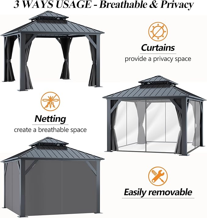 GARTOO 12'x12' Outdoor Hardtop Gazebo with Double Roof - Heavy-Duty Galvanized Steel Top Aluminum Frame Gazebo with Breathable Netting & Privacy Curtain for Patio, Porch, Garden, Lawn, Deck, Backyard