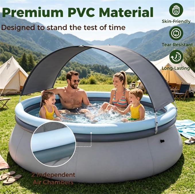 118" Inflatable Swimming Pool with Sunshade Canopy, Large Blow Up Family Pool for Backyard, 792 Gal Portable Pool Above Ground with UV Protection, 2 Independent Air Chambers, Gray & Blue