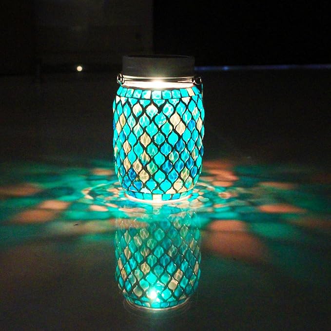 Solar Mosaic Lights - 12 Color Changing LED, 4 Lighting Modes with Remote Control, Handcrafted Glass Decor Lanterns, Hanging or Tabletop Decor for Garden (Bule)