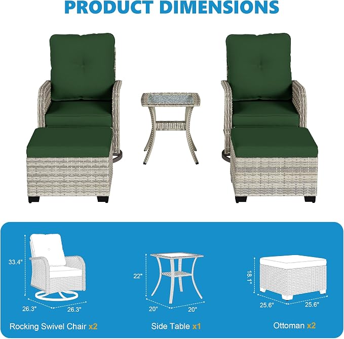 5-Piece Small Patio Furniture Set, Outdoor Swivel Rocking Chairs Set with Ottomans, Patio Bistro Set for Balcony, Deck, Porch, Dark Green