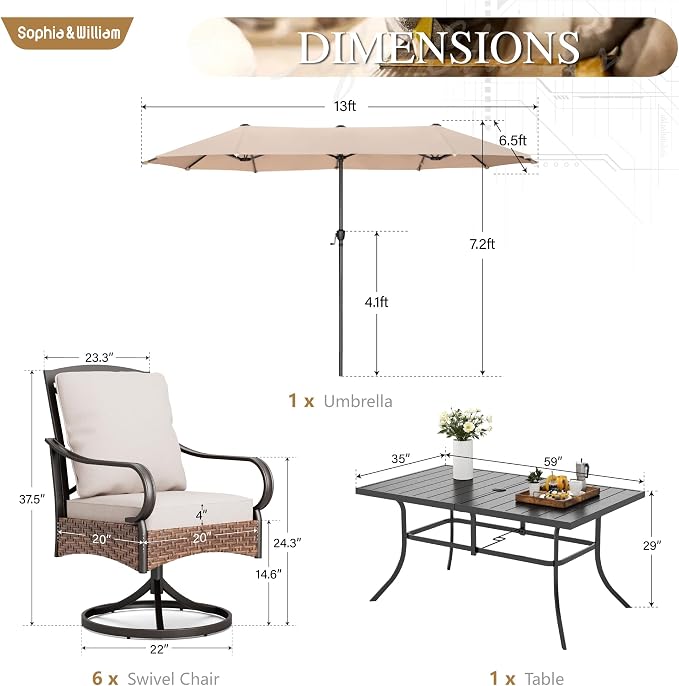Sophia & William Patio Table and Chairs with 13ft Double-Sided Umbrella, 8 Piece Outdoor Dining Furniture Set with 6 Padded Patio Swivel Dining Chairs, 1 Rectangular Metal Patio Table & 1 Umbrella