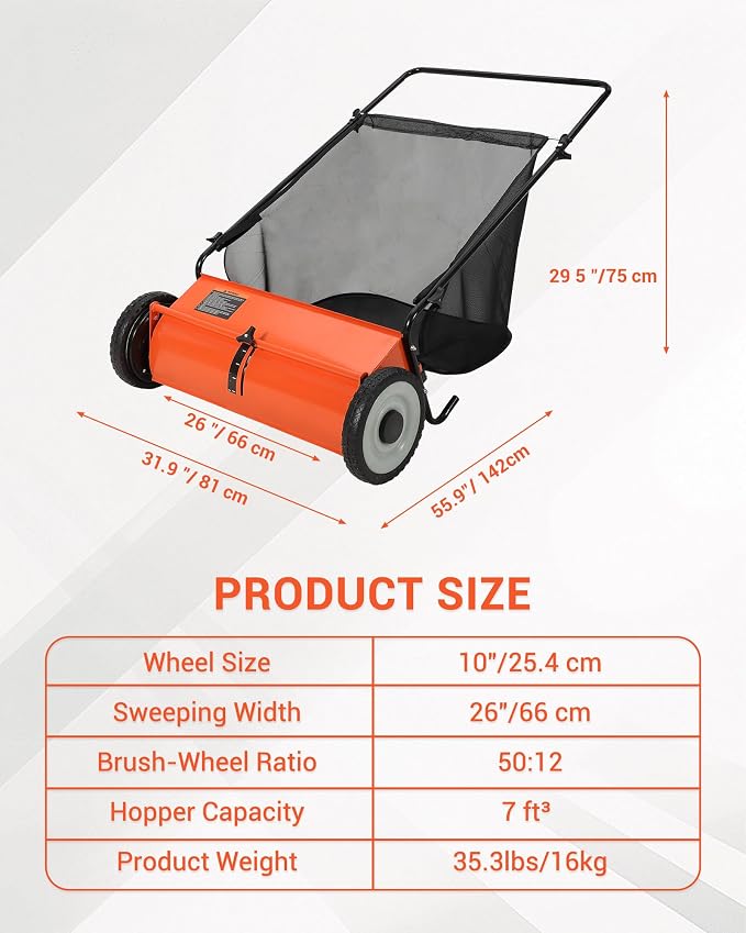 Heavy-Duty 26-Inch Hand-Push Lawn Sweeper with 7 Cu.ft. Collection Bag & Adjustable Brush Reel - Ideal for Picking Up Grass, Leaves, and Yard Debris on Any Terrain