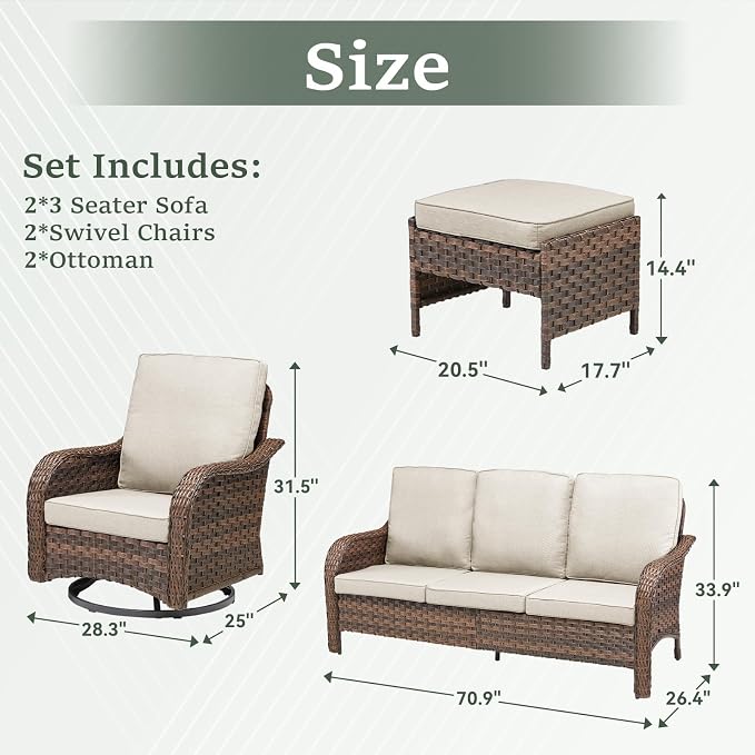 6 PCS Patio Furniture Set, 2 Outdoor Wicker Sofas & 2 Swivel Rocking Chairs with 2 Ottomans, 4-Inch Thick Olefin Cushions, 300 lbs Capacity Rattan Conversation Set for Porch, Beige