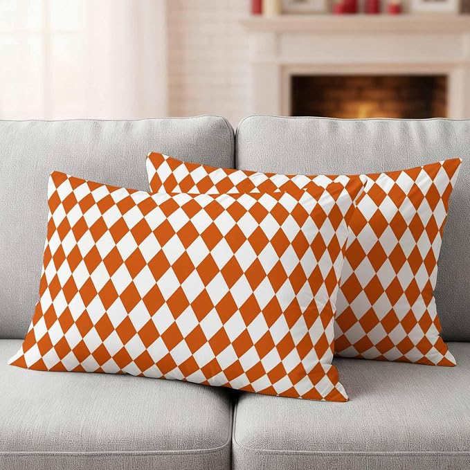 Modern Orange White Plaid Outdoor Pillow Covers Set of 2,Decorative Waterproof Throw Pillow Case,Geometric Lattice Cotton Linen Soft Cozy Cushion Pillowcases