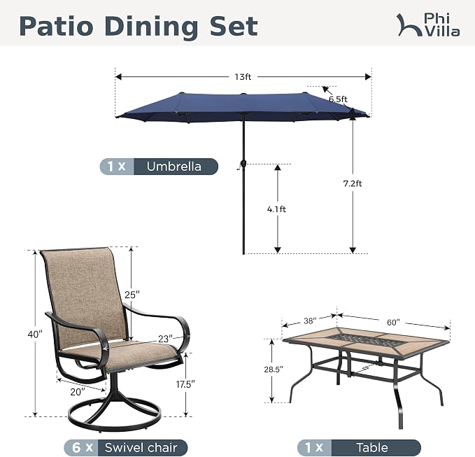 PHI VILLA 8 Pc Outdoor Dining Set with 13ft Umbrella, Swivel Mesh Chairs | 60'' wood-look rectangular table, 6 brown patio textilene chairs and 13ft navy blue umbrella(NO BASE) for deck, garden, yard
