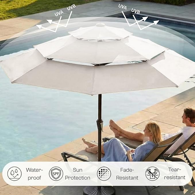 10ft 3-Tier Patio Umbrella with 32 Solar Powered LED Lights, Windproof Outdoor Market Umbrella for Deck, Poolside & Garden, Sturdy Push-Button Tilt Table Umbrella, Creamy White