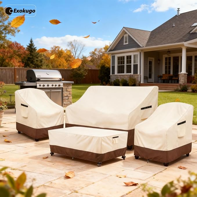 Outdoor Furniture Covers Set,4-Piece 600D Heavy Duty Waterproof Patio Furniture Cover for Outdoor Swivel Rocker Chairs,Loveseat and Coffee Table,Beige & Brown