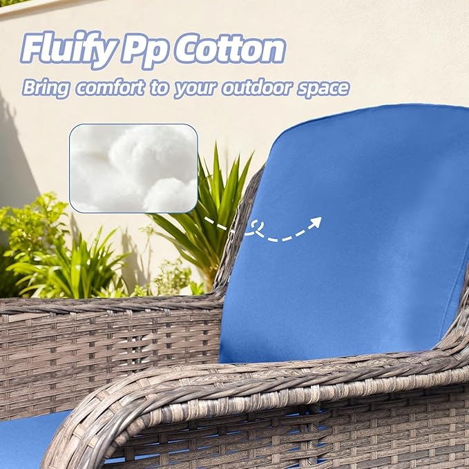Outdoor Patio Couch, 3 Seater Outdoor Wicker Sofa with Coffee Table, High Back Rattan Couch with Extra Thick Cushions, 2 Pcs Outdoor Deep Seating Conversation Sets for Deck Yard and Poolside, Blue