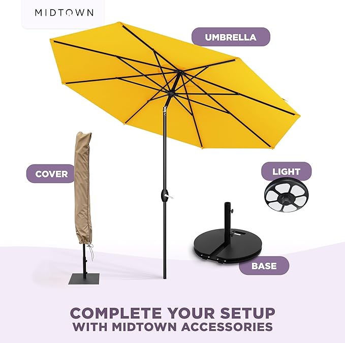 Midtown Umbrellas - The Lean 9 Ft Patio Umbrella with Fade-Resistant Sunbrella Fabric, Auto-Tilt Aluminum Frame and 8 Reinforced Ribs for Deck, Pool & Garden - Yellow Canopy, Black Pole