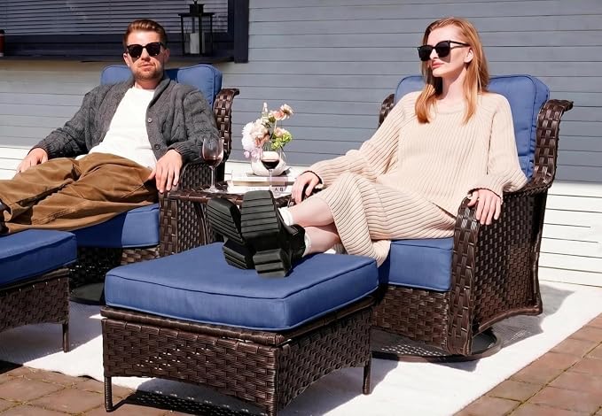 Sundale Outdoor 5 Piece Patio Furniture Set with Ottoman, Wicker Outdoor Swivel Chairs with 6" Cushions, High Back Rattan Patio Conversation Sets with Deep Seating for Porch, Yard (Blue)