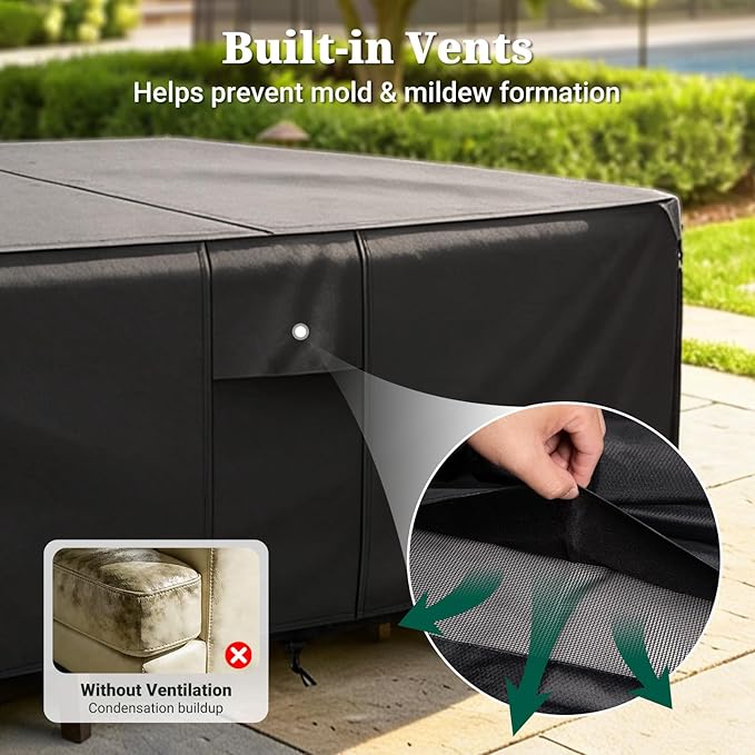 MR. COVER Patio Furniture Covers Rectangle, 900D Heavy Duty Outdoor Table Covers Waterproof , Sectional Sofa Set Cover Table and Chair Combo, Large Couch Cover Lawn Black 113"W x 76"D x 28"H