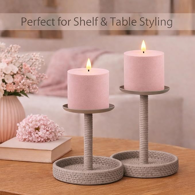 smtyle Pink Flameless Candles Battery Operated Fake Candles 3x3 Inch Sculptural Frosted Texture LED Flickering Minimalist for Home Bedroom SPA Birthday Party Wedding Decor