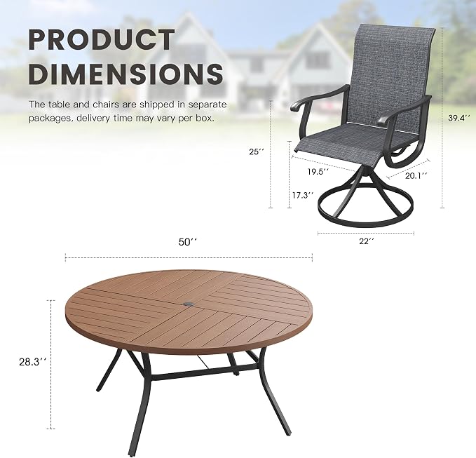 Outdoor Dining Set for 6, 50.1" Metal Round Outdoor Dining Table with Umbrella Hole and Sling Patio Swivel Chairs, 7 Pieces Patio Table and Chairs Set for Garden Backyard, Charcoal and Walnut
