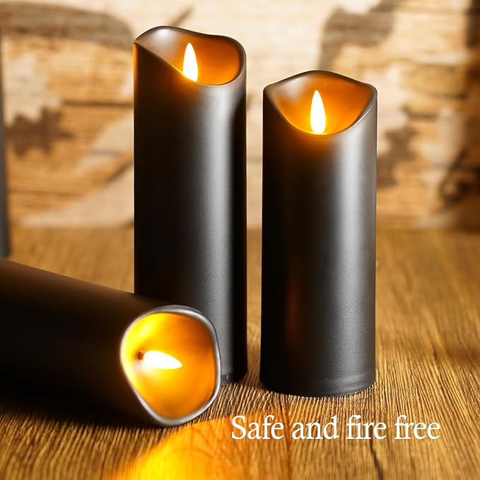 kakoya Flickering Flameless Candles, Battery Operated Plastic LED Pillar Candles with Remote Control and Timer, Set of 9 (Black)