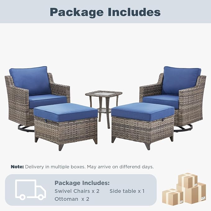 Belord Patio Wicker Swivel Rocker Patio Chairs with Side Table, Outdoor Rattan Chairs for Deck Porch Garden, 5 Piece Luxury Patio Furniture Set, Blue
