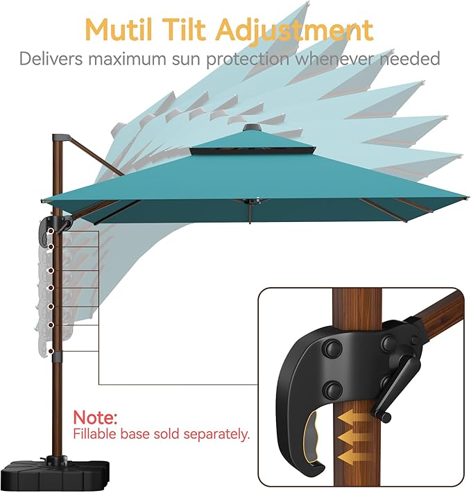 10x13 FT Wood Pattern Patio Umbrella, Large Deluxe Cantilever Rectangular Double Top Heavy Duty Offset Umbrellas with 360° Rotation, Outdoor shade for Garden Deck Pool Patio, Turquoise