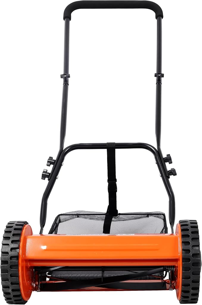 14'' 5-Blade Push Reel Lawn Mower with Grass Catcher, Manual Reel Mower with Adjustable Cutting Height 0.6-1.8'' Eco-Friendly Hand Push Cylinder Mower for Small Yards Orange