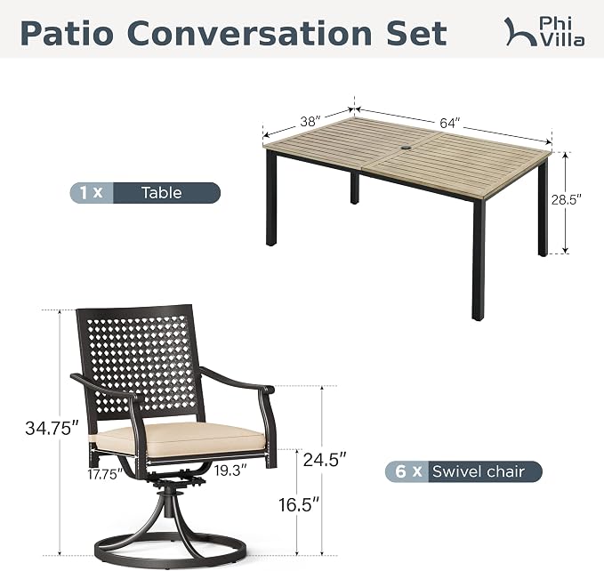 PHI VILLA Outdoor Dining Set for 6, Brown Metal Table & Swivel Chairs | 7 pcs 65" rectangle wrought iron furniture set w/ umbrella hole. All weather for patio, deck, yard, porch