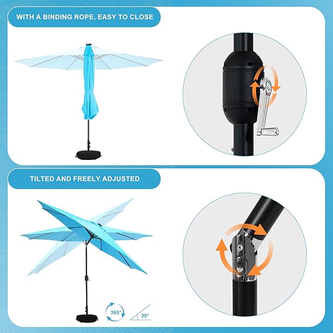 Sundale Outdoor Solar 80 LED 9 ft Patio Umbrella with Sand Bag Umbrella Base, Outdoor Umbrella with Tilt and Crank, Sky Blue