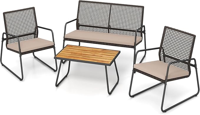 Tangkula 4 Pieces Patio Furniture Set, PE Wicker Rattan Conversation Set with Acacia Wood Coffee Table & Zippered Cushions, Outside Seating Set for Backyard, Garden & Deck (Beige, 4 Pcs)