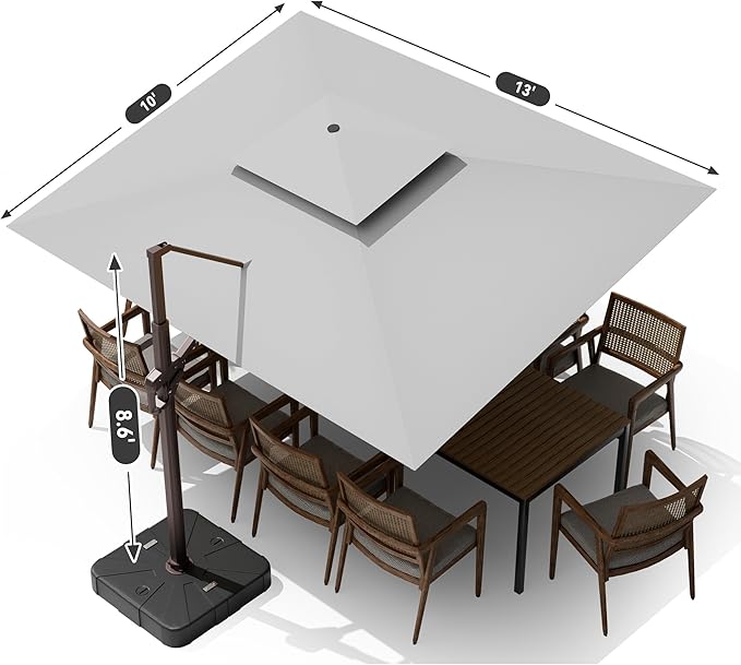 10 X 13 FT Cantilever Outdoor Patio Umbrella with Base Included Large Heavy Duty 360° Rotation Double Top Offset Rectangular Umbrellas with LED Lights for Backyard Outside Deck, Fog Grey