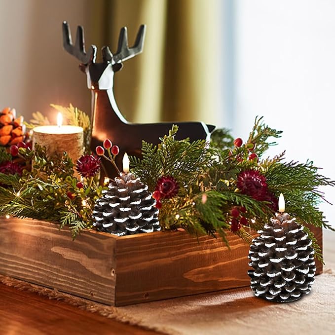 Wondise Flameless Candles with Timer, Battery Operated Flickering 3D Wick Real Wax Pine Cone Candles for Christmas Indoor Decoration, Set of 2(D3.5 x H6 Inch)