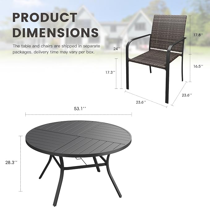 Outdoor Dining Set for 8, 53.1" Metal Round Outdoor Dining Table with Umbrella Hole and Wicker Stackable Patio Chairs, 9 Pieces Patio Table and Chairs Set for Garden Backyard, Black