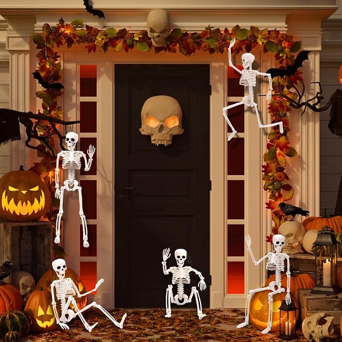XIMISHOP 5pcs Halloween Skeleton Decoration, 16" Full Body Posable Hanging Skeleton with Movable Joints for Graveyard Haunted House Indoor Outdoor, White
