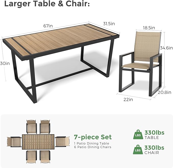 Jocoevol 7 Piece Patio Dining Set for 6, Outdoor Furniture Set Includes 67" Rectangle Patio Table and 6 Textilene Dining Chairs, Outdoor Table and Chairs for Outsides, Backyard, Garden and Poolside
