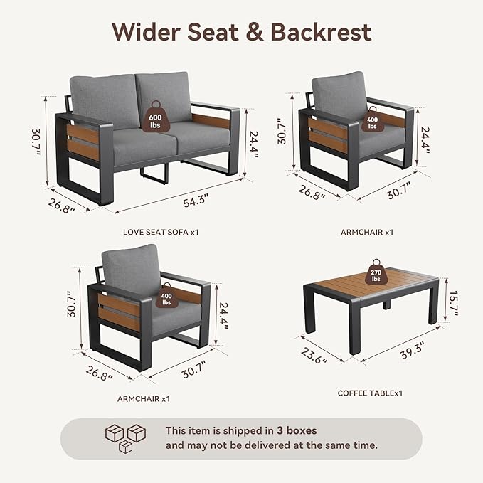 Aoxun Aluminum Outdoor Patio Furniture Set, 2 Seats Metal Sectional Patio Furniture, Modern Outside Sectional Set for Backyard, Armchair ×2, Dark Grey & Dark Grey