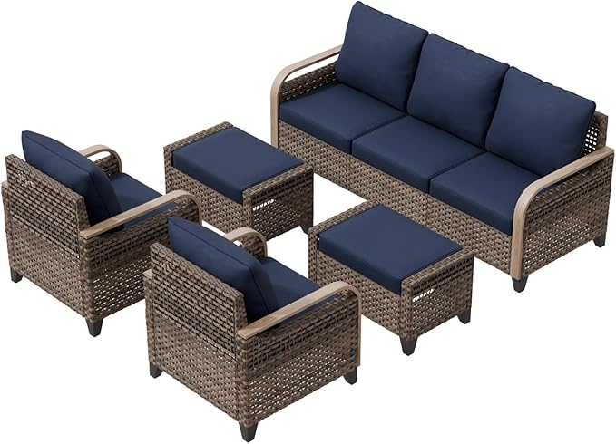 COOS BAY Modern Wicker Outdoor Furniture Set, 5 Piece Patio Conversation Set with 2 Patio Chairs, a 3 Seat Couch and 2 Ottomans, 5 Piece, Brown/Blue