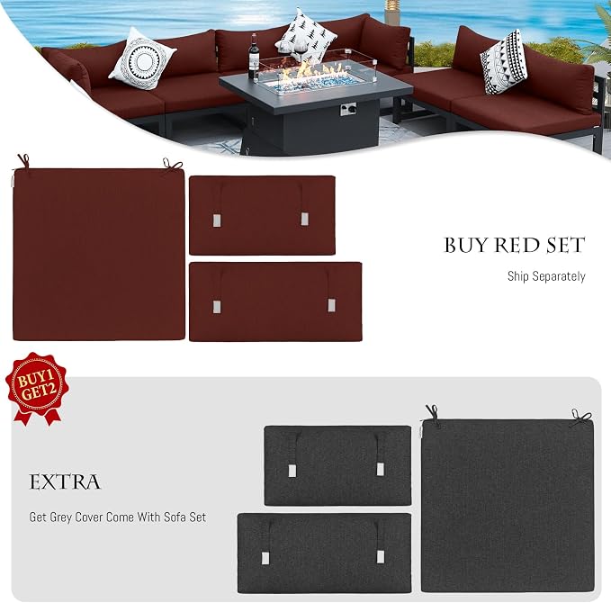 BULEXYARD 7 Pcs Modern Aluminum Outdoor Patio Furniture Set with Fire Pit Table Propane/Gas, Large All-Weather Modular Sectional Couch, 29 inch Wide Deep Seating Conversation Sofa for Outside, Red