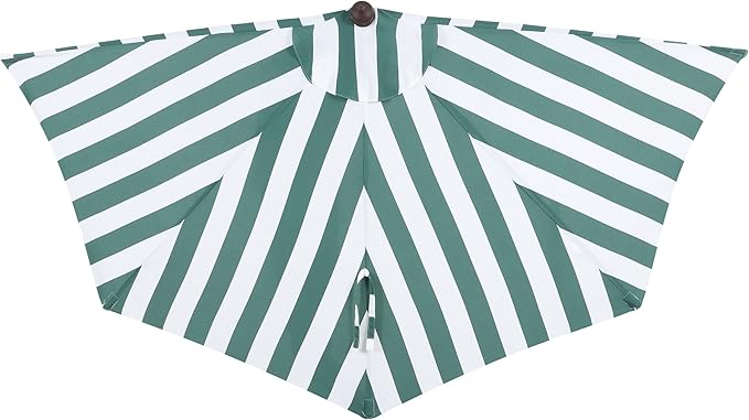 JONATHAN Y Beverly 9 ft. Coastal Green and White Striped Half Patio Umbrella with Scalloped Fringe, Crank Lift, and Manual Tilt for Balcony, Dark Brown Pole UMB1201F
