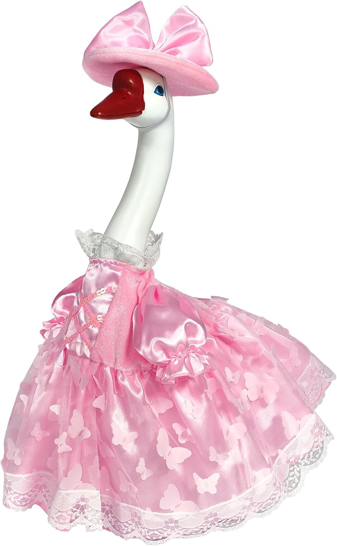 Porch Goose Statue with Princess Outfits - Cute Resin Goose Figurine with Pink Princess Dress Bow Hat, Waterproof Weather Resistant Garden Decor for Patio Lawn Room, Gift for Women Goose Lovers