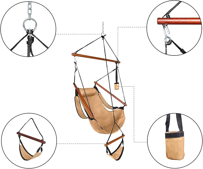 Hammock Hanging Sky Chair with Footrest, Folding Camping Air Deluxe Swing Seat with Rope, Heavy Duty Foldable Rocker with Cup Holder for Outdoor Beach Patio Sport Lawn (Khaki)