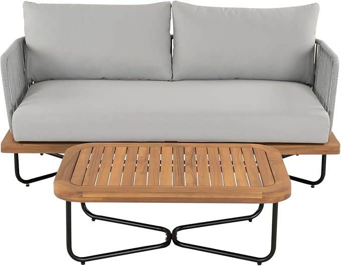Christopher Knight Home 3-Piece Patio Furniture Set, Acacia Wood Outdoor Sectional Sofa with Rope Woven & Cushions, 4-Seat Sofa, Loveseat and Coffee Table, Outdoor Conversation Set, Light Grey+Teak