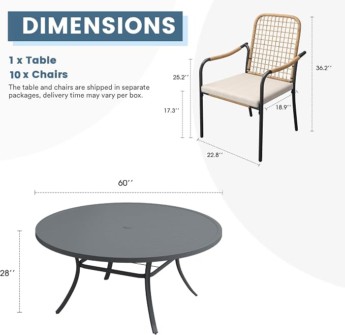 DIFY 11 Pieces Outdoor Dining Set for 10, 60" Round Dining Table with Umbrella Hole & Wicker Stackable Patio Chairs with Cushions, Metal Patio Table and Chairs Set for Backyard Porch Garden, Grey