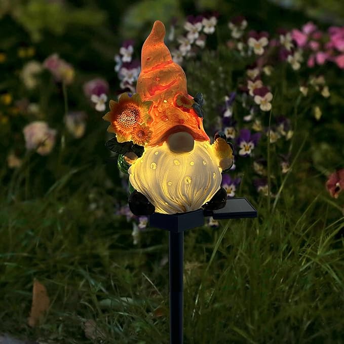 Fall Solar Gnome Garden Lights, Outdoor Gnome Statue with Sunflowers & Bird, Solar Powered Fairy Garden Lights Fall Gnomes Decorations for Home Outside Yard Lawn Patio Gnomes Gifts (Yellow)