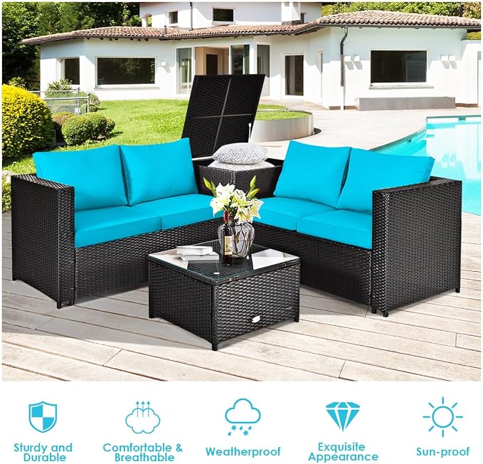DORTALA 4 Pieces Outdoor Patio Furniture Set, Weather Resistant PE Rattan Conversation Set with 2 Loveseats, Outdoor Sectional Sofa Set with Comfy Cushions for Garden and Poolside, Turquoise