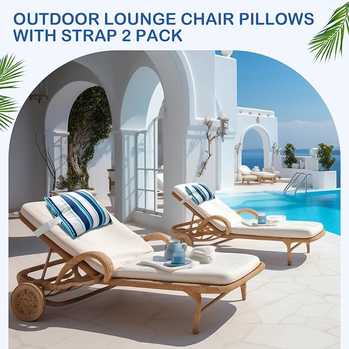 Lineshading 4 Pcs Chaise Lounge Pillow with Strap Outdoor Waterproof Pool Chair Neck Headrest Pillows with Adjustable Elastic Band for Beach Patio Chair Recliner(Blue,Stripe)