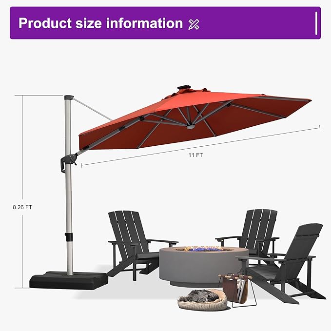 PURPLE LEAF Cantilever Umbrella with base 11ft Outdoor Round Patio Solar Powered LED Umbrella with 360-degree Rotation for Garden Deck Pool Patio, Brick Red
