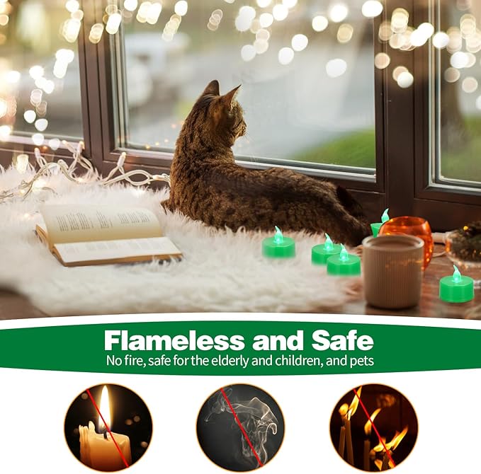 KOABY 24 Pack Green Light Non-Flickering Flameless Tea Lights, Green Base, Last 100H+, Battery Operated Tea Lights for Decor