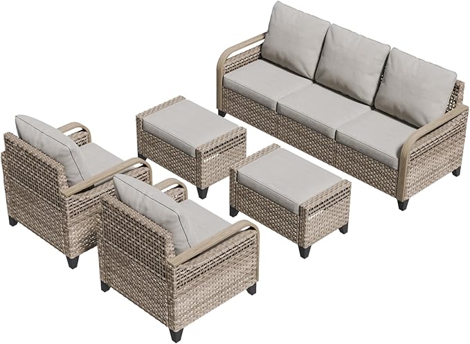COOS BAY Modern Wicker Outdoor Furniture Set, 5 Piece Patio Conversation Set with 2 Patio Chairs, a 3 Seat Couch and 2 Ottomans, 5 Piece, Brown/Gray