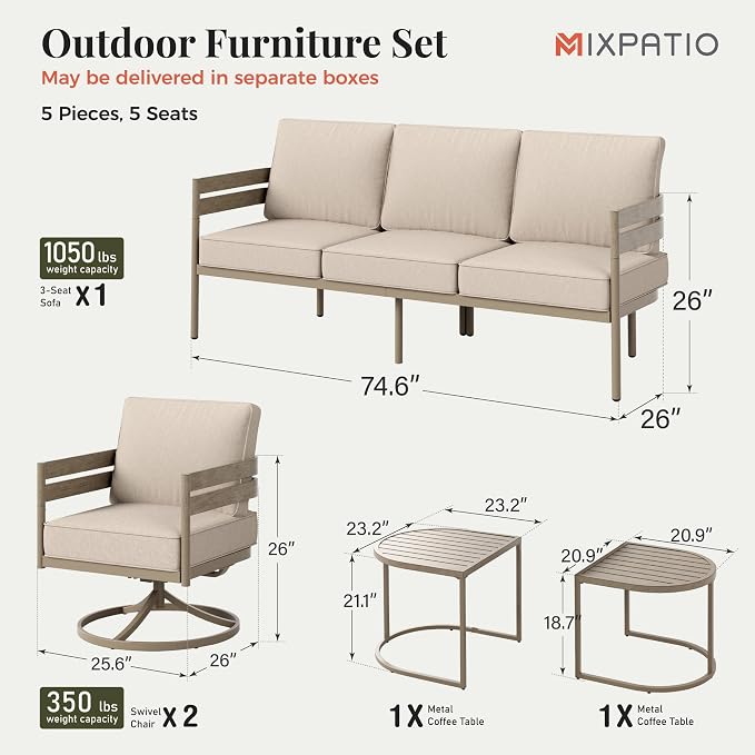 MIXPATIO 5-Piece Patio Outdoor Conversation Furniture Set with 2 Swivel Chairs, Steel Modern Outdoor Patio Conversation Sets with Thick Cushions for Porch, Balcony, Backyard - Beige
