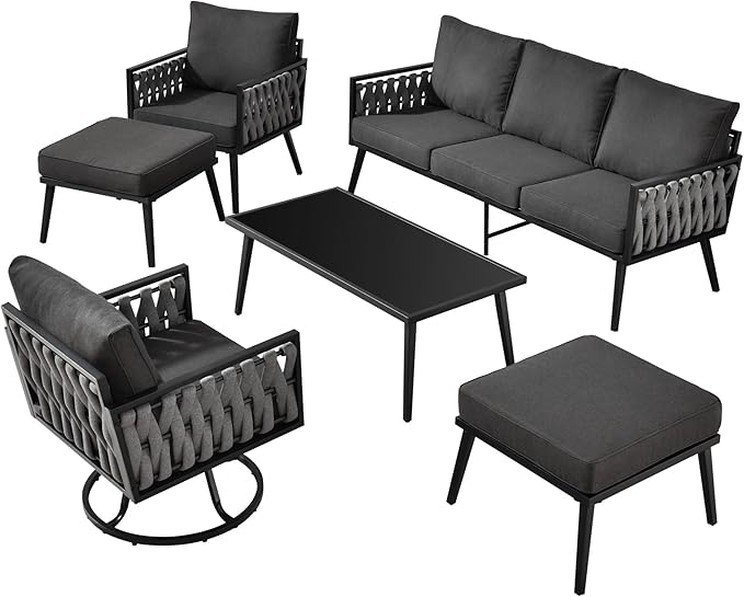 Outdoor Patio Furniture Set, 6-Piece Metal Conversation Furniture Sofa with Coffee Table, All Weather Patio Couch Sofa with Thick Cushions for Balcony Backyard,Black