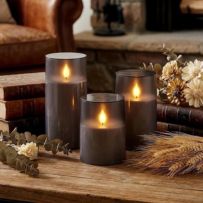 Homemory 3"×4" 5" 6" Battery Candles with Remote & Timer, Gray Acrylic Realistic Flickering LED Pillar Candles, Waterproof Fake Candle for Home and Lantern Decor, Set of 3