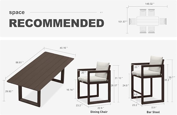 PURPLE LEAF Outdoor Dining Set for 6 Aluminum Luxury Patio Furniture Table and Chairs Set with 4 Pcs Outdoor Counter Height Stools for Backyard Porch Deck, Bronze