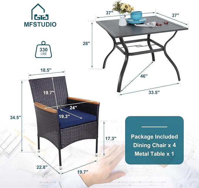 MFSTUDIO 5 Pieces Outdoor Rattan Dining Set, Patio Square Table and Wicker Chairs for 4, Outdoor Metal Table Set for 4 with Chairs, Wicker Patio Dining Furniture for Backyard, Porch